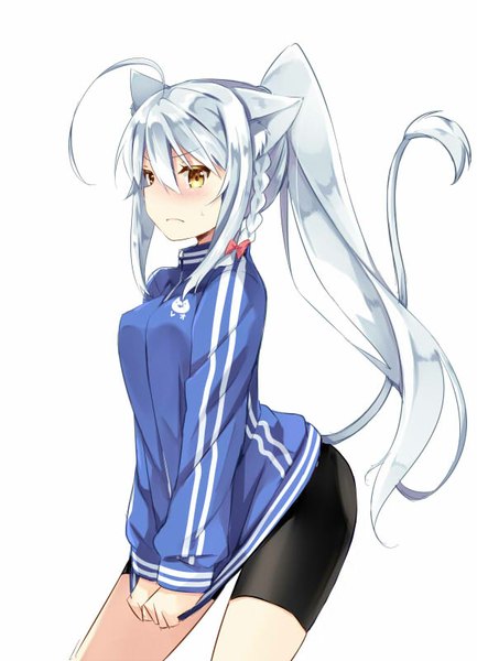 Anime picture 578x800 with dog days leonmitchelli galette des rois natsume eri single long hair tall image blush light erotic simple background white background animal ears yellow eyes looking away ahoge white hair ponytail tail braid (braids) animal tail cat ears