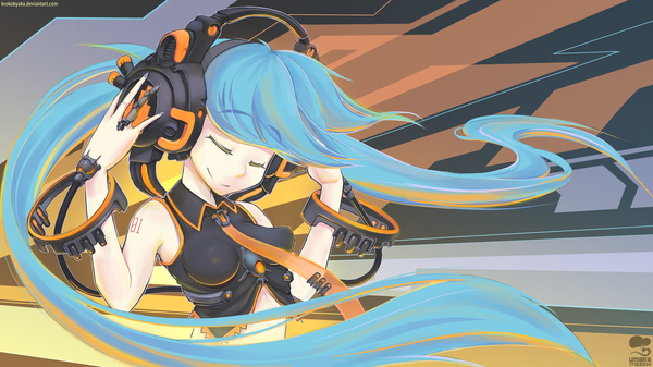 Anime picture 1920x1080 with vocaloid hatsune miku krokobyaka single highres light erotic smile wide image twintails bare shoulders signed blue hair eyes closed very long hair wind wallpaper hand on headphones music girl necktie