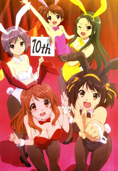 Anime picture 4085x5934 with suzumiya haruhi no yuutsu kyoto animation nyantype suzumiya haruhi nagato yuki asahina mikuru tsuruya kyon no imouto long hair tall image blush highres short hair open mouth light erotic black hair brown hair multiple girls brown eyes animal ears