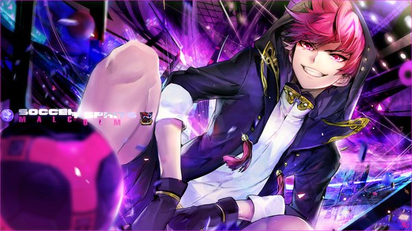 Anime picture 1200x675 with zis (artist) single looking at viewer smile wide image pink hair bent knee (knees) pink eyes open clothes open jacket wallpaper glow broken boy gloves shirt black gloves jacket shorts hood