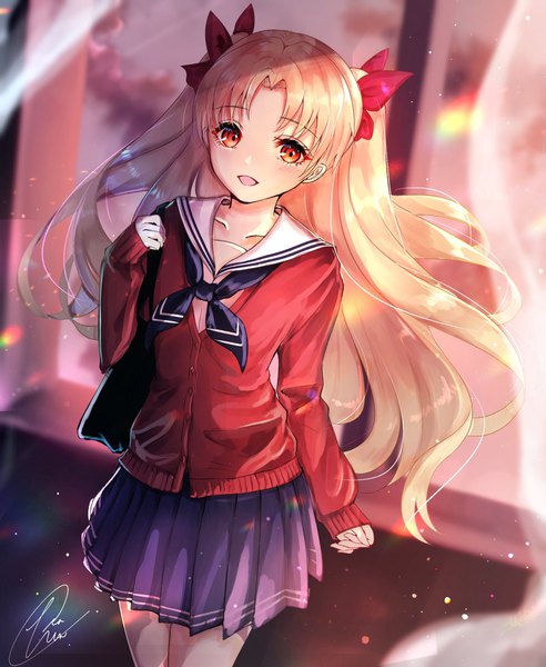 Anime picture 1678x2048 with fate (series) fate/grand order ereshkigal (fate) chiachun0621 single long hair tall image looking at viewer blush fringe open mouth blonde hair smile red eyes standing signed indoors long sleeves :d pleated skirt