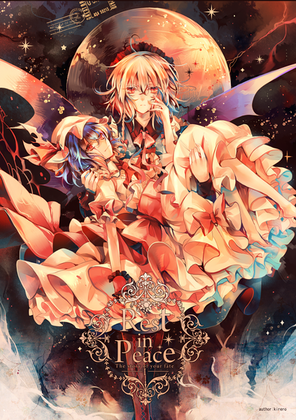 Anime picture 716x1016 with touhou remilia scarlet izayoi sakuya kirero (pixiv) tall image short hair blonde hair smile red eyes multiple girls holding blue hair ahoge traditional clothes inscription miko bat wings girl dress 2 girls