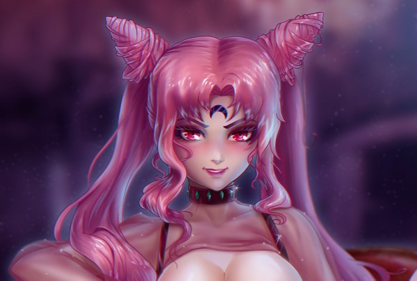 Anime picture 1635x1101 with bishoujo senshi sailor moon toei animation chibiusa black lady olga narhova single looking at viewer blush fringe breasts light erotic red eyes large breasts twintails pink hair very long hair parted lips realistic hair bun (hair buns) lipstick