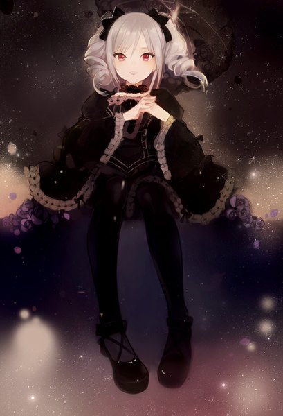Anime picture 600x879 with idolmaster idolmaster cinderella girls kanzaki ranko lpip single long hair tall image looking at viewer fringe smile red eyes twintails silver hair full body bent knee (knees) long sleeves wide sleeves drill hair girl dress