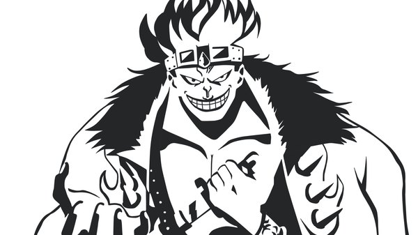 Anime picture 1920x1080 with one piece toei animation eustass kid kiro (mieru) single looking at viewer highres short hair simple background wide image white background upper body monochrome goggles on head spiked hair evil grin high contrast flat color boy goggles