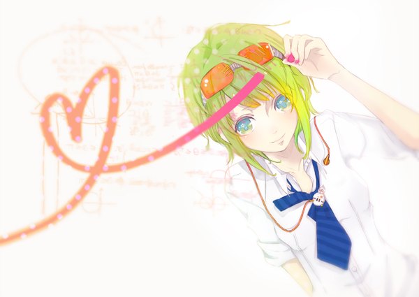 Anime picture 1280x908 with vocaloid gumi penchop single short hair smile aqua eyes green hair wallpaper heart of string girl ribbon (ribbons) necktie heart headphones sunglasses