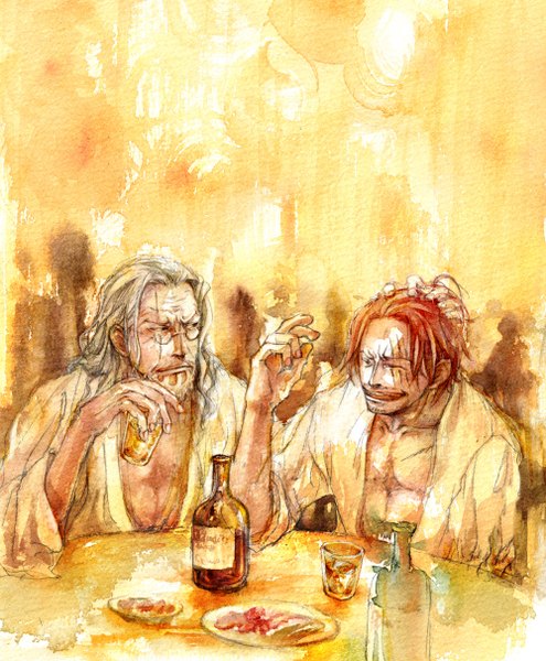 Anime picture 1000x1212 with one piece toei animation shanks silvers rayleigh kusaco (artist) tall image short hair smile sitting white hair red hair eyes closed open clothes multiple boys open shirt scar traditional media watercolor (medium) boy glasses
