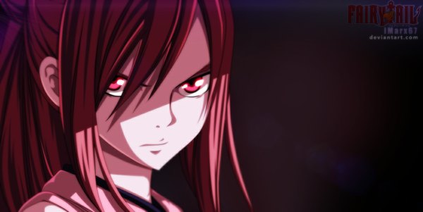 Anime picture 1110x558 with fairy tail erza scarlet eroishi single long hair simple background wide image ponytail red hair pink eyes inscription coloring portrait face girl