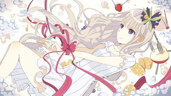 Anime picture 1280x720 with original shimashima single long hair blue eyes wide image white hair girl dress ribbon (ribbons) food fruit berry (berries) apple strawberry fork lemon