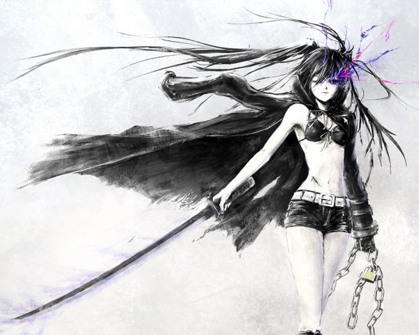 Anime picture 1280x1024 with black rock shooter black rock shooter (character) marimo ouji (artist) white background torn clothes glowing glowing eye (eyes) girl sword shorts katana chain cloak bikini top