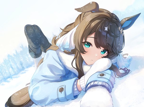 Anime picture 1936x1435 with umamusume daring tact (umamusume) kashmir 0808 single long hair looking at viewer fringe highres brown hair animal ears outdoors lying parted lips aqua eyes winter snow on stomach horse ears legs up girl