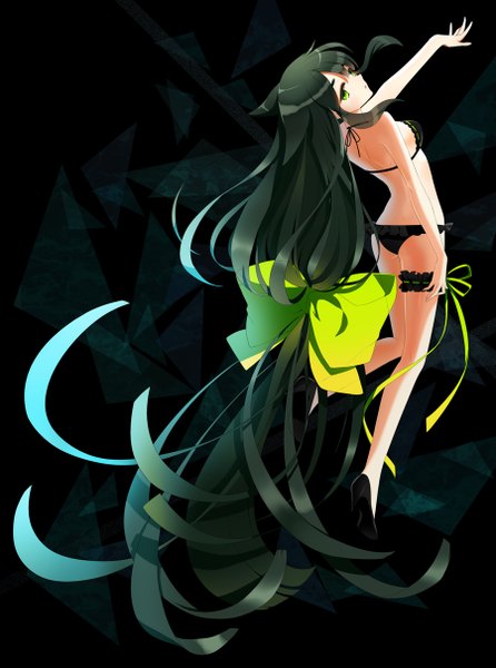 Anime picture 900x1211 with gatchaman crowds tatsunoko utsutsu rarumi single tall image light erotic green eyes animal ears payot looking away full body very long hair green hair outstretched arm black background girl bow swimsuit hair bow