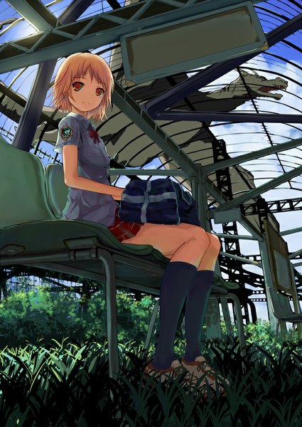 Anime picture 600x847 with original hoippu (artist) single tall image looking at viewer short hair blonde hair smile sitting sky cloud (clouds) from below short sleeves orange eyes fantasy girl skirt plant (plants) miniskirt shirt