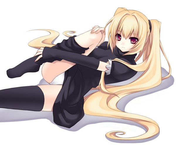 Anime picture 1176x970 with black cat gonzo eve nana mikoto light erotic blonde hair white background purple eyes twintails pantyshot girl thighhighs underwear panties