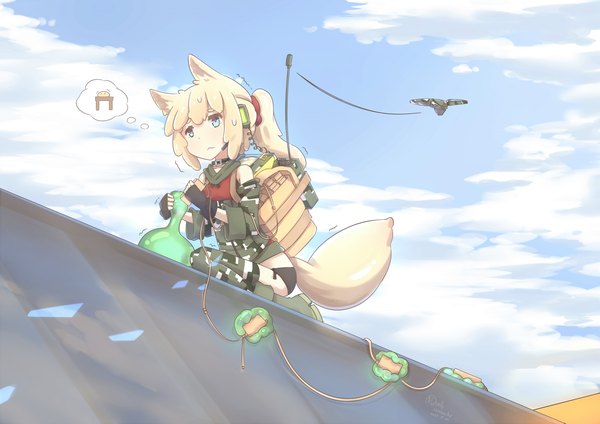 Anime picture 3508x2480 with original hinbackc single long hair fringe highres blue eyes light erotic blonde hair sitting holding animal ears looking away absurdres sky cloud (clouds) full body outdoors ponytail tail