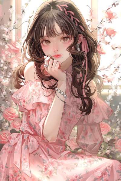 Anime picture 1200x1800 with original hina (xoxo) single long hair tall image looking at viewer fringe brown hair sitting brown eyes blunt bangs lips off shoulder mole short sleeves puffy sleeves floral print wavy hair mole under mouth girl