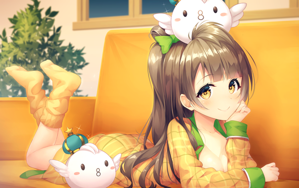 Anime picture 1151x725 with love live! school idol project sunrise (studio) love live! minami kotori minami kotori (bird) kyouou ena single long hair looking at viewer blush fringe breasts light erotic smile brown hair yellow eyes cleavage full body indoors lying