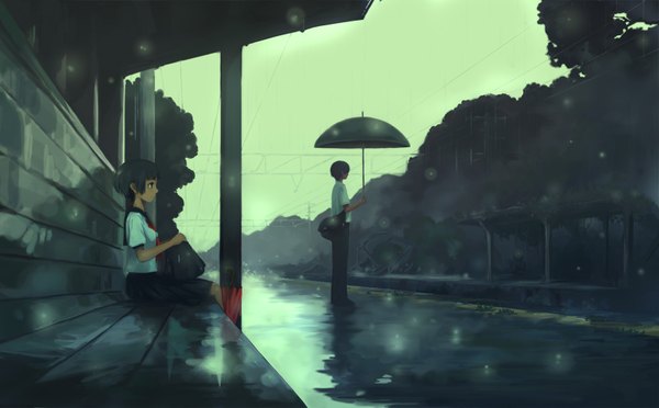 Anime picture 1600x992 with kuchibiru (lipblue) short hair wide image rain overgrown serafuku umbrella train station