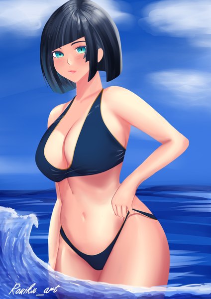 Anime picture 3508x4961 with genshin impact yelan (genshin impact) ronikx art single tall image looking at viewer fringe highres short hair breasts light erotic black hair large breasts standing signed absurdres sky cloud (clouds) blunt bangs aqua eyes