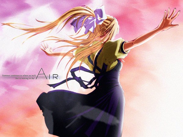 Anime picture 1280x960 with air key (studio) kamio misuzu scan spread arms pink background ranguage engrish girl wings