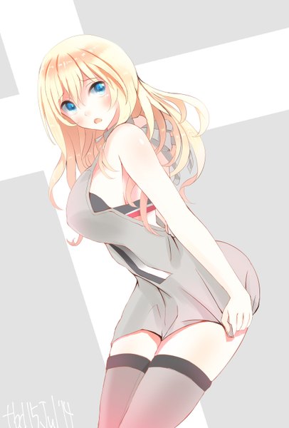 Anime-Bild 2032x3000 mit kantai collection bismarck battleship tebi (tbd11) single long hair tall image looking at viewer blush highres open mouth blue eyes light erotic blonde hair signed grey background dated adapted costume no hat girl thighhighs