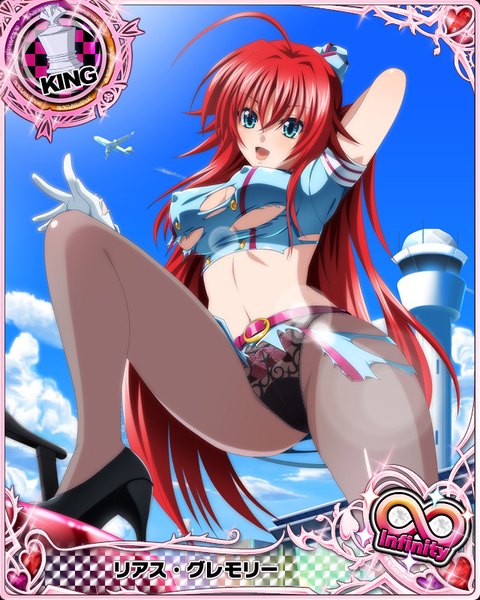 Anime picture 640x800 with highschool dxd rias gremory single tall image breasts open mouth blue eyes light erotic large breasts red hair very long hair torn clothes card (medium) torn pantyhose girl skirt underwear panties miniskirt pantyhose