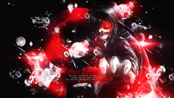 Anime picture 1920x1080 with tokyo ghoul studio pierrot kaneki ken eysaa hirokima single looking at viewer highres short hair black hair red eyes wide image fingernails teeth wallpaper copyright name text outstretched arm glowing black background