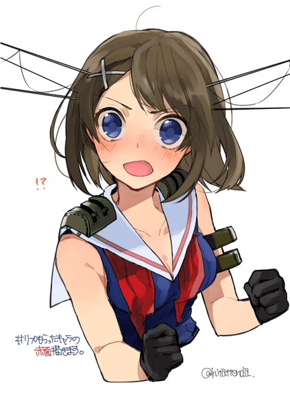 Anime picture 595x842 with kantai collection maya heavy cruiser hita (hitapita) single tall image blush short hair open mouth blue eyes simple background brown hair white background signed looking away text !? girl gloves uniform hair ornament