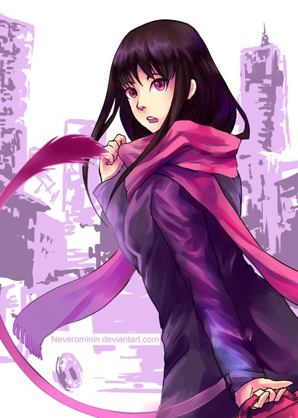 Anime picture 1500x2100 with noragami studio bones iki hiyori neverominin single long hair tall image looking at viewer fringe open mouth standing purple eyes holding purple hair scared girl scarf building (buildings) bag