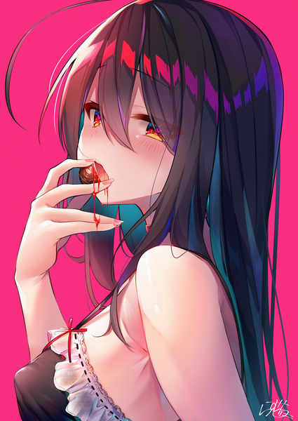 Anime picture 1450x2048 with original yandere-chan (ramchi) ramchi single long hair tall image looking at viewer blush fringe light erotic black hair simple background hair between eyes red eyes brown hair holding signed blue hair upper body ahoge