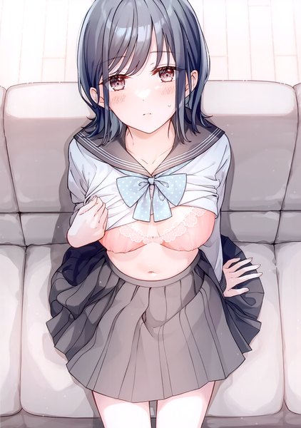 Anime picture 2111x2998 with original aoi yuki single tall image looking at viewer fringe highres short hair breasts light erotic black hair sitting brown eyes indoors blunt bangs from above scan arm support sweatdrop shirt lift