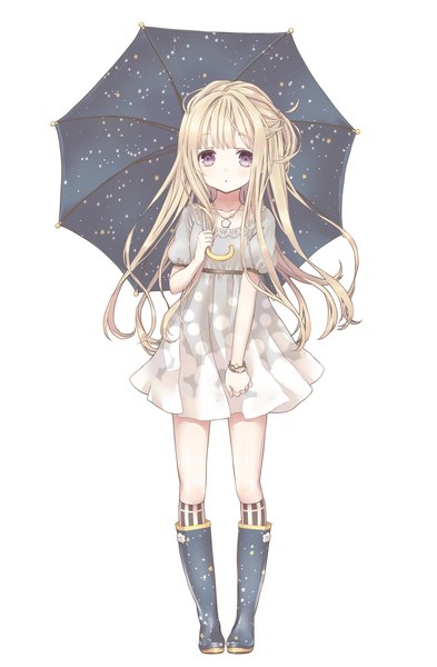 Anime picture 1000x1525 with original nicholas keiji single long hair tall image looking at viewer blush fringe open mouth blonde hair simple background standing white background purple eyes holding :o short sleeves puffy sleeves floating hair polka dot