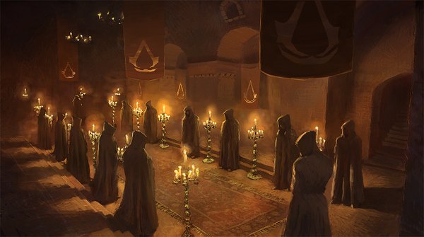 Anime picture 1500x839 with assassin's creed (game) wide image shadow group hood stairs candle (candles) people banner