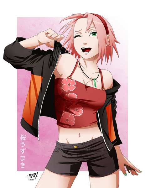 Anime picture 850x1100 with naruto studio pierrot naruto (series) haruno sakura the-pooper single tall image short hair open mouth light erotic smile green eyes pink hair nail polish one eye closed wink coloring hieroglyph framed cosplay