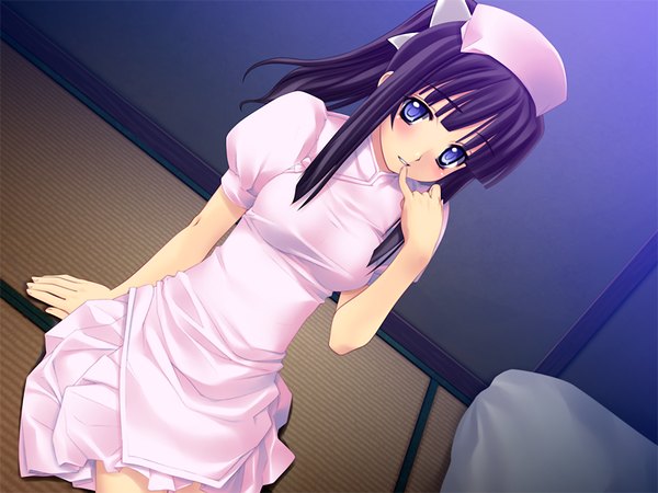 Anime picture 1200x900 with mahara miko kusakabe hiyori single long hair blush blue eyes black hair game cg finger to mouth nurse girl nurse cap
