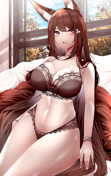 Anime picture 3709x5835 with azur lane amagi (azur lane) samip single long hair tall image looking at viewer blush fringe highres breasts open mouth light erotic brown hair large breasts sitting purple eyes animal ears absurdres sky