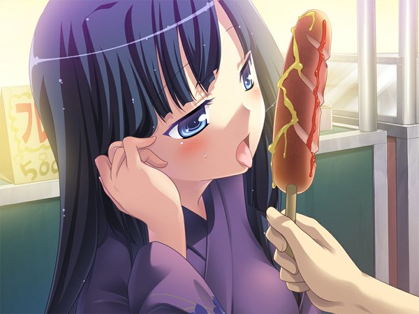 Anime picture 1024x768 with famima! (game) long hair blush open mouth blue eyes black hair game cg japanese clothes solo focus girl food kimono tongue hand sausage
