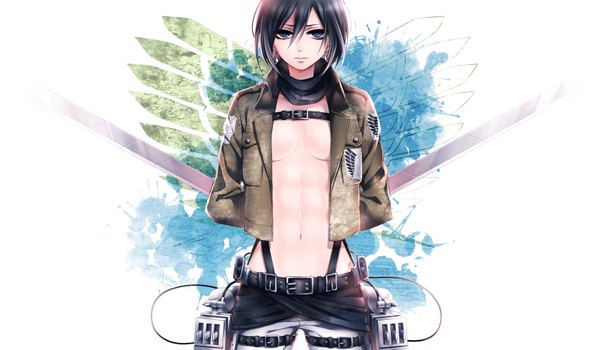 Anime picture 1680x980 with shingeki no kyojin production i.g mikasa ackerman teinpomu iwakamu single looking at viewer short hair breasts blue eyes light erotic black hair wide image holding open clothes open jacket dual wielding girl navel weapon