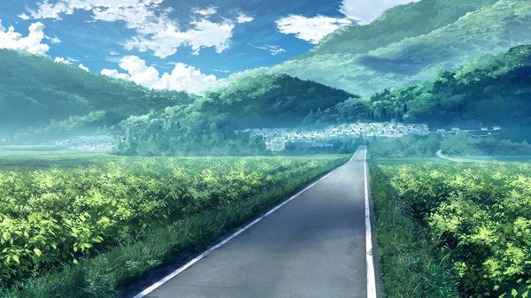 Anime picture 2560x1440 with grisaia no kajitsu highres wide image game cg sky cloud (clouds) mountain landscape plant (plants) road