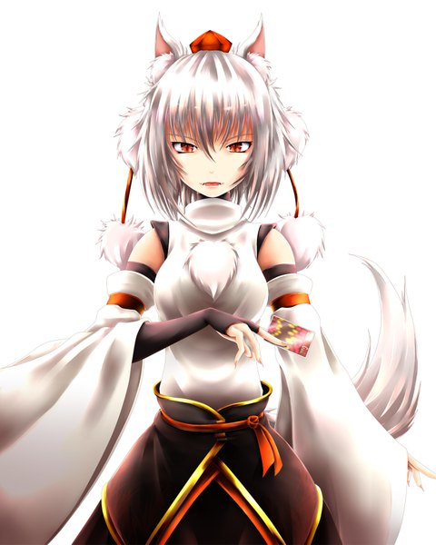 Anime picture 1500x1875 with touhou inubashiri momiji inyuppo (artist) single tall image looking at viewer short hair open mouth simple background red eyes white background animal ears silver hair japanese clothes animal tail teeth fang (fangs) girl detached sleeves headdress
