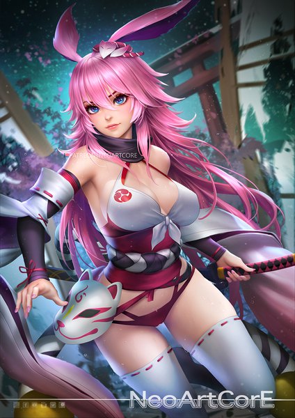 Anime picture 800x1132 with honkai impact 3rd benghuai xueyuan honkai (series) yae sakura nudtawut thongmai single long hair tall image looking at viewer blush fringe breasts blue eyes light erotic hair between eyes standing signed animal ears payot pink hair