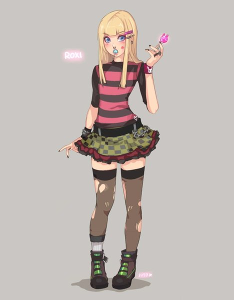 Anime picture 1000x1280 with original suto (artist) single long hair tall image looking at viewer fringe blue eyes blonde hair simple background standing nail polish grey background piercing striped face paint checkered skirt girl thighhighs skirt