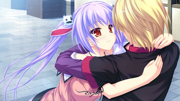 Anime picture 1920x1080 with ryuuyoku no melodia chloe meltrum tenmaso long hair highres short hair blonde hair smile red eyes wide image twintails game cg purple hair couple hug girl boy
