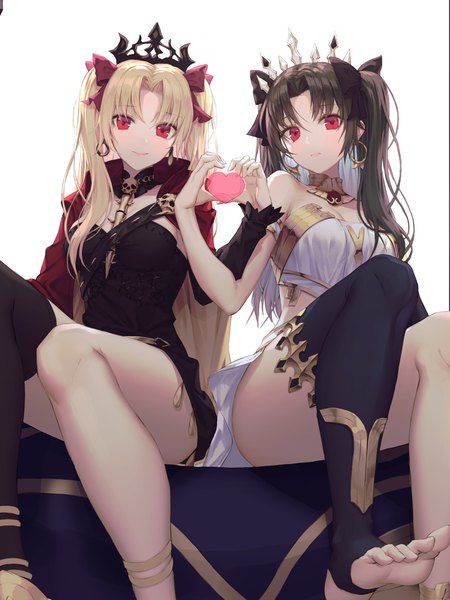 Anime picture 3073x4093 with fate (series) fate/grand order ishtar (fate) ereshkigal (fate) hiera12 long hair tall image looking at viewer highres light erotic black hair blonde hair simple background red eyes white background sitting multiple girls absurdres barefoot two side up