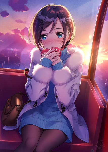 Anime picture 1191x1670 with original morikura en single tall image blush fringe short hair blue eyes black hair sitting holding signed looking away sky cloud (clouds) long sleeves parted lips open clothes embarrassed fur trim