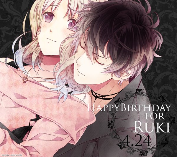 Anime picture 2160x1920 with diabolik lovers idea factory komori yui mukami ruki satoi (artist) long hair tall image blush highres short hair blonde hair smile brown hair bare shoulders eyes closed couple hug floral print dark background happy birthday