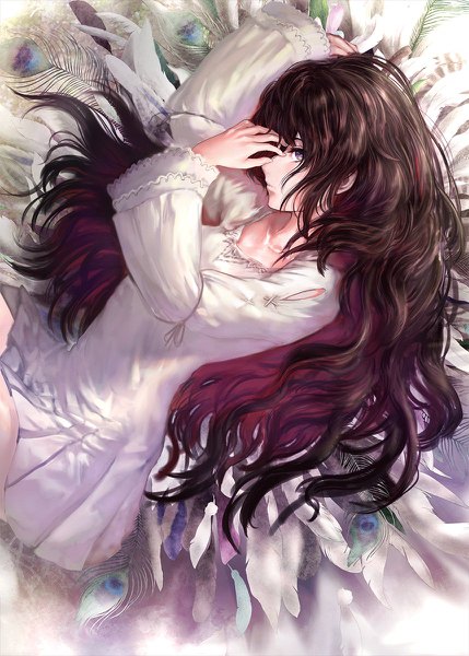 Anime picture 858x1200 with original iori (cpeilad) single long hair tall image brown hair brown eyes looking away lying profile wide sleeves arms up on side wavy hair girl dress white dress feather (feathers)