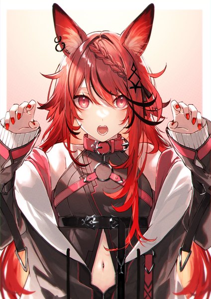Anime picture 3541x5016 with original kuwashima rein single long hair tall image looking at viewer fringe highres open mouth simple background hair between eyes red eyes standing bare shoulders animal ears absurdres red hair long sleeves nail polish multicolored hair