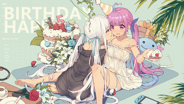 Anime picture 4096x2322 with pokemon virtual youtuber hololive nintendo kagura mea channel minato aqua kagura mea wooper timeo blush highres open mouth light erotic wide image purple eyes twintails multiple girls absurdres purple hair ahoge