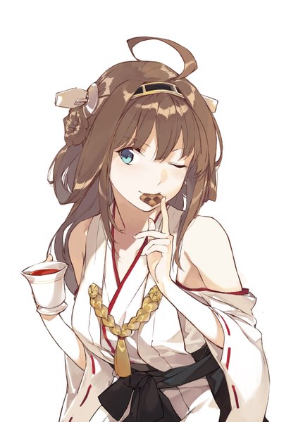 Anime picture 1000x1453 with kantai collection kongou battleship duoyuanjun single long hair tall image fringe blue eyes simple background smile brown hair white background bare shoulders holding ahoge eyes closed long sleeves one eye closed wink wide sleeves